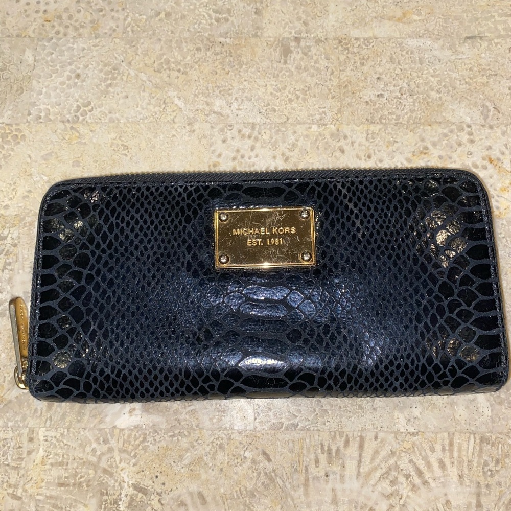 Black Snakeskin Zip Around Wallet. Gold Zipper/ Detailing